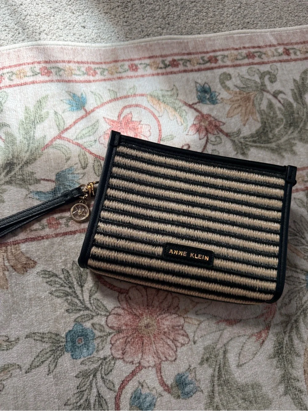 Anne Klein Black & Natural Striped Wristlet